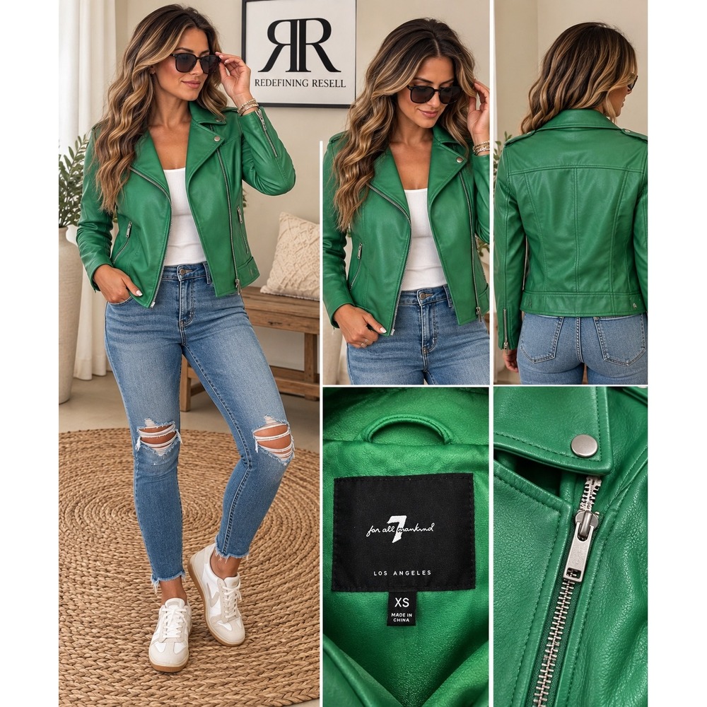 7 For All Mankind Green Faux Leather Moto Biker Jacket XS Cropped Zip Front